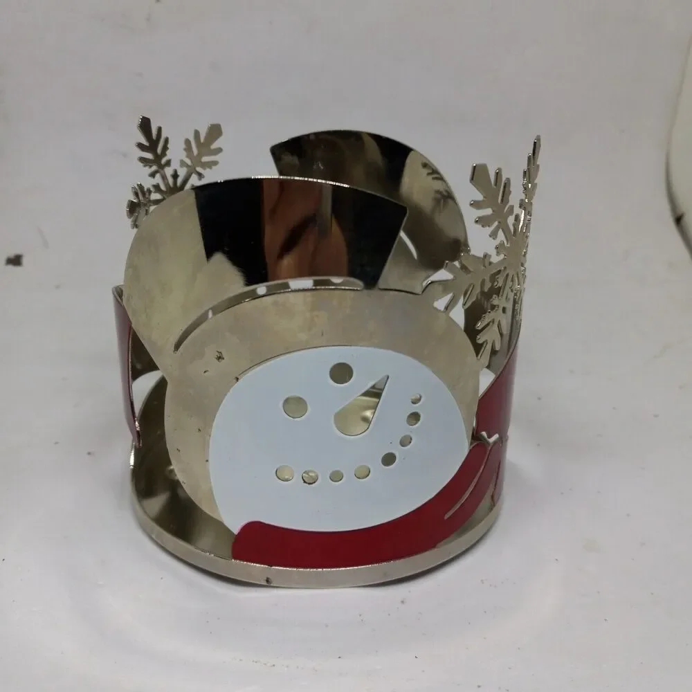 Bath & Body Works Snowman Snowflake 3 Wick Metal Candle Holder-Red-White-Silver